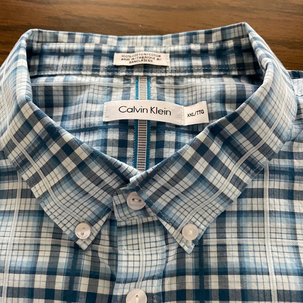 Calvin Klein Men XXL Short Sleeve Plaid Button Down Shirt Blue White 100% Cotton